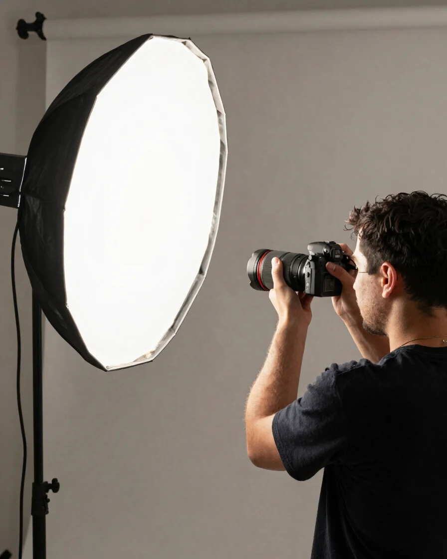 Editorial photograph of a photographer's hands adjusting a softbox beside a neutral backdrop, balanced natural and studi