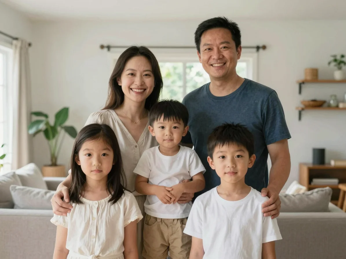 Candid family portrait in soft daylight at a home interior, balanced natural and ambient light, unposed moment, 50mm len