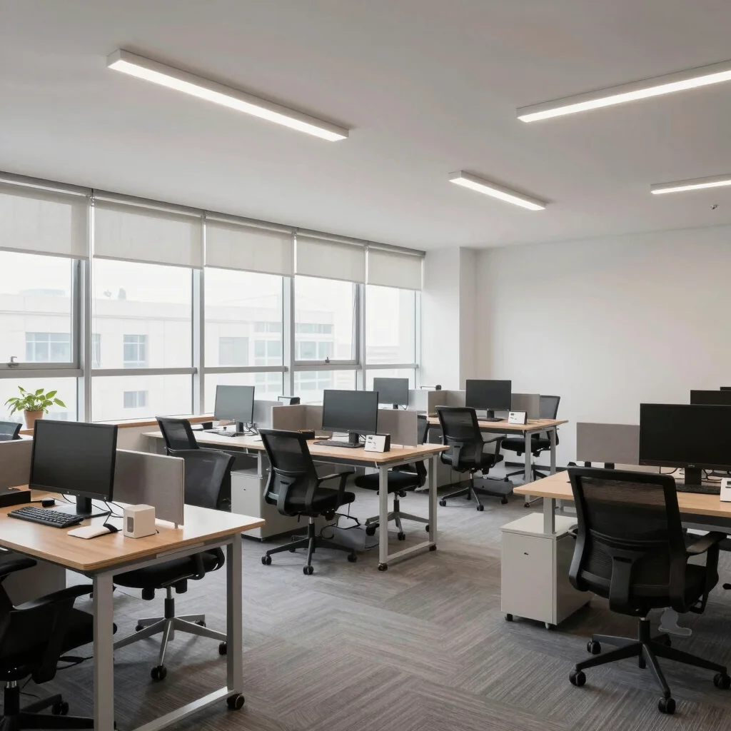 Interior workplace photograph with natural window light, clean lines, neutral tones, wide context showing an organized o