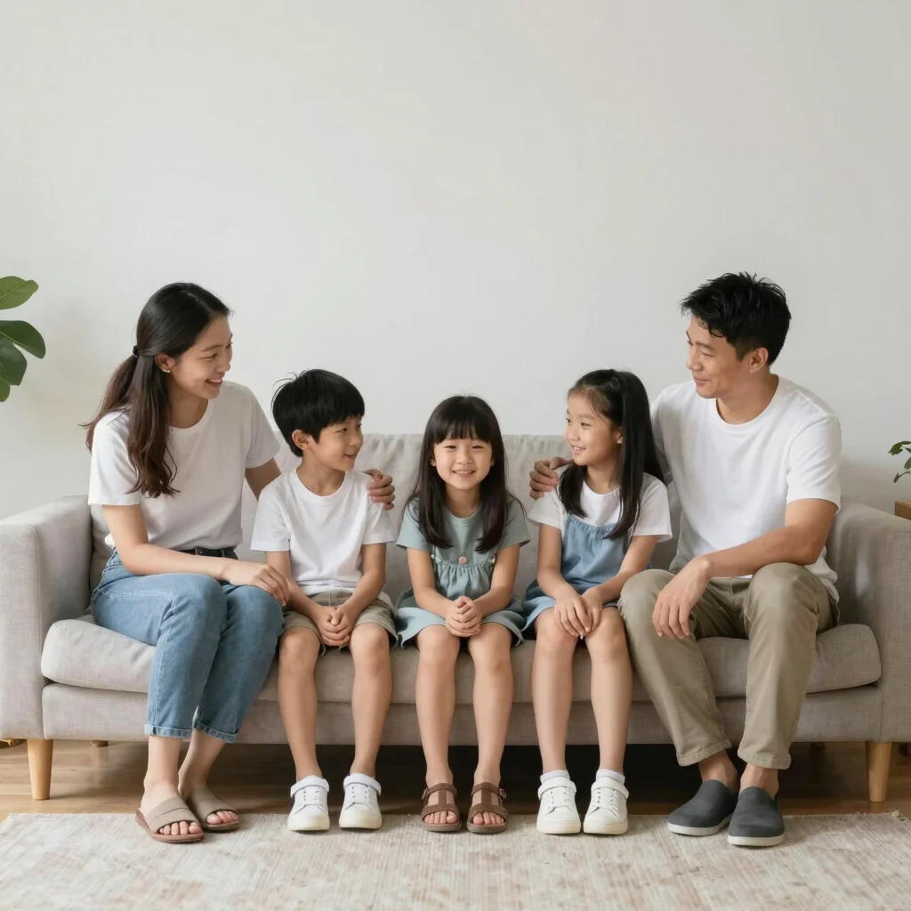 Family documentary moment in a domestic setting, gentle natural light, clean composition, 50mm lens