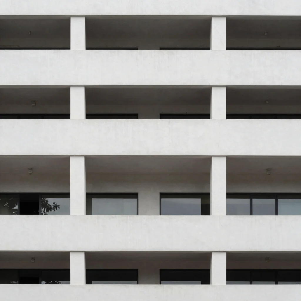 Architectural detail of a building facade, soft even daylight, clean geometry, true-to-life color, considered framing, 5