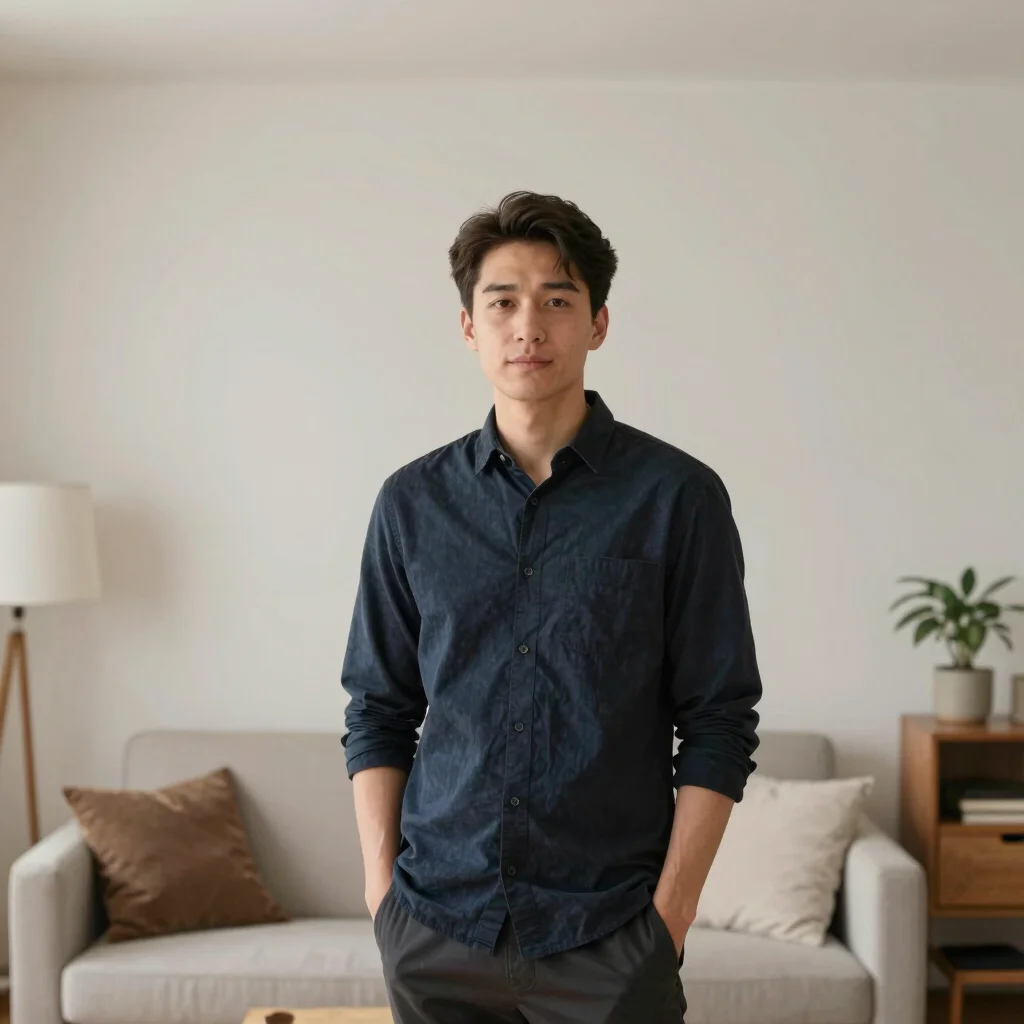 Environmental portrait with a wider context of home, soft even light, neutral tones, 50mm lens