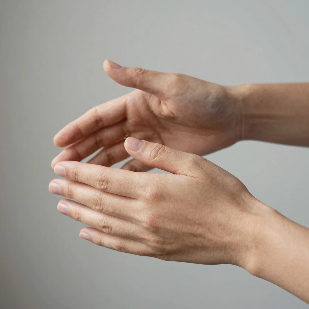 Close detail portrait of hands and textures in natural light, true-to-life color, considered crop, 50mm lens